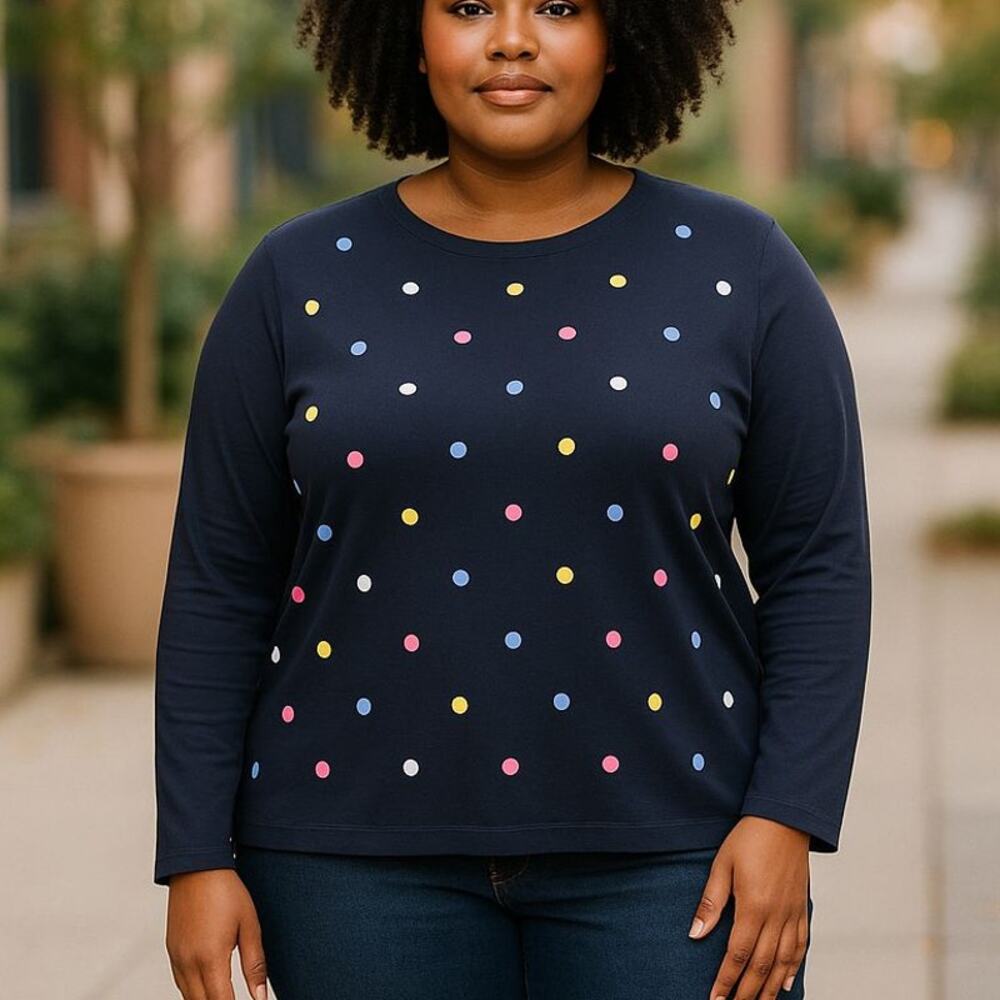 Talbots Plus Multi Color Polka Dot Navy Blue Cotton Blend Sweatshirt Size 2X